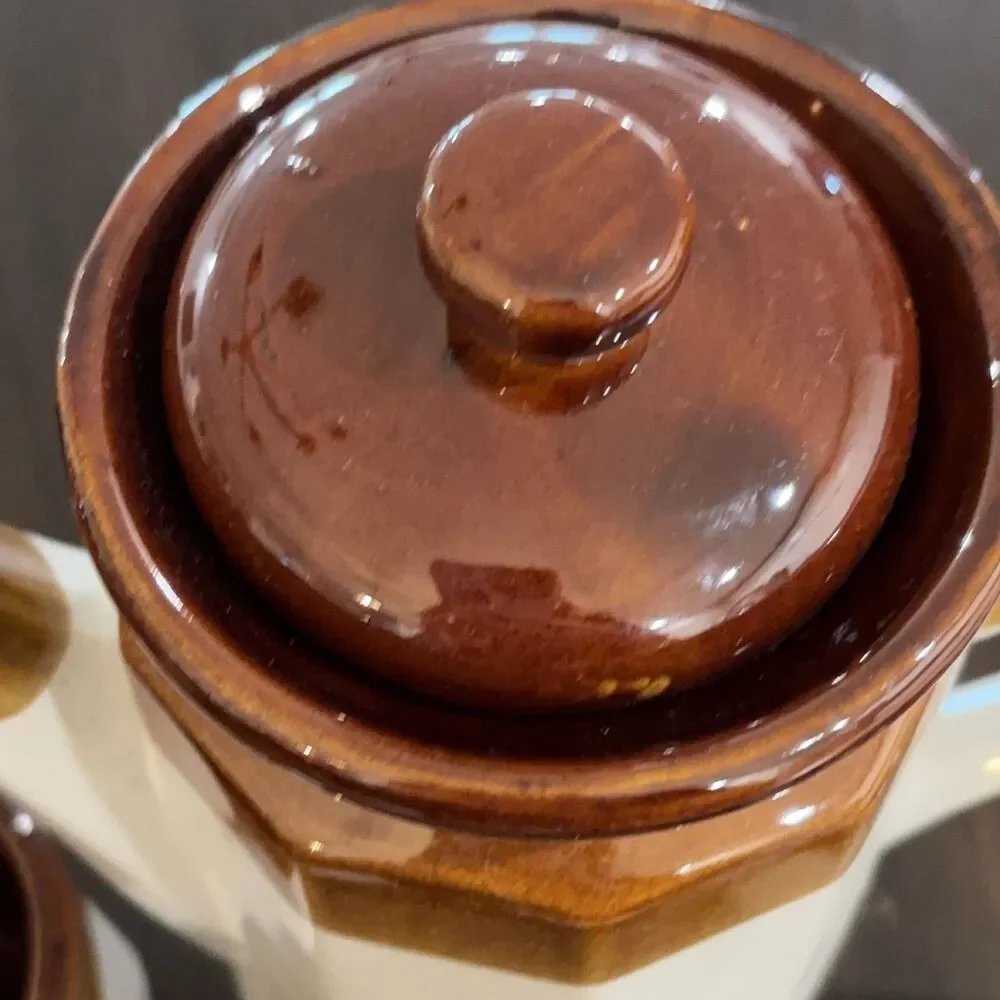 Coffee Pot and 5 Mugs Set Ceramic Octagonal Two-Tone Brown Cream Taiwan 9